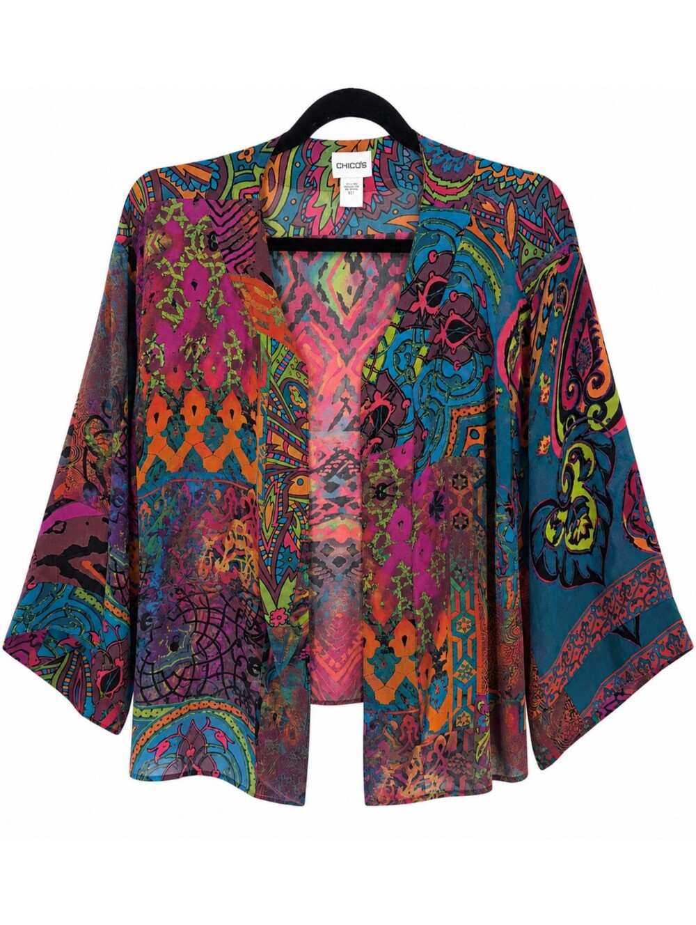 Vintage Chicos 100% Silk Kimono Topper Boho Art To Wear Jacket Womens 1 Medium M